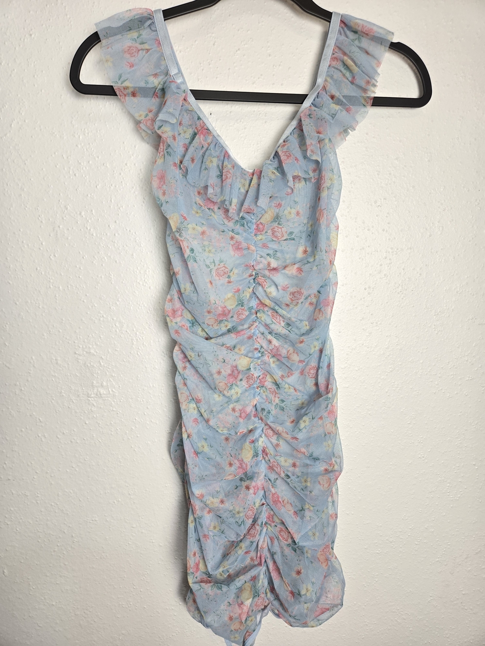 Light Blue Floral Ruffle Ruched Dress Sheer - Picture 4 of 4